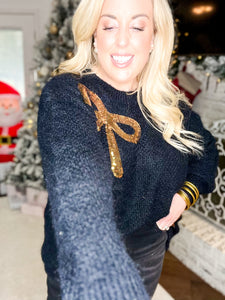 Bow Sequin Fuzzy Sweater