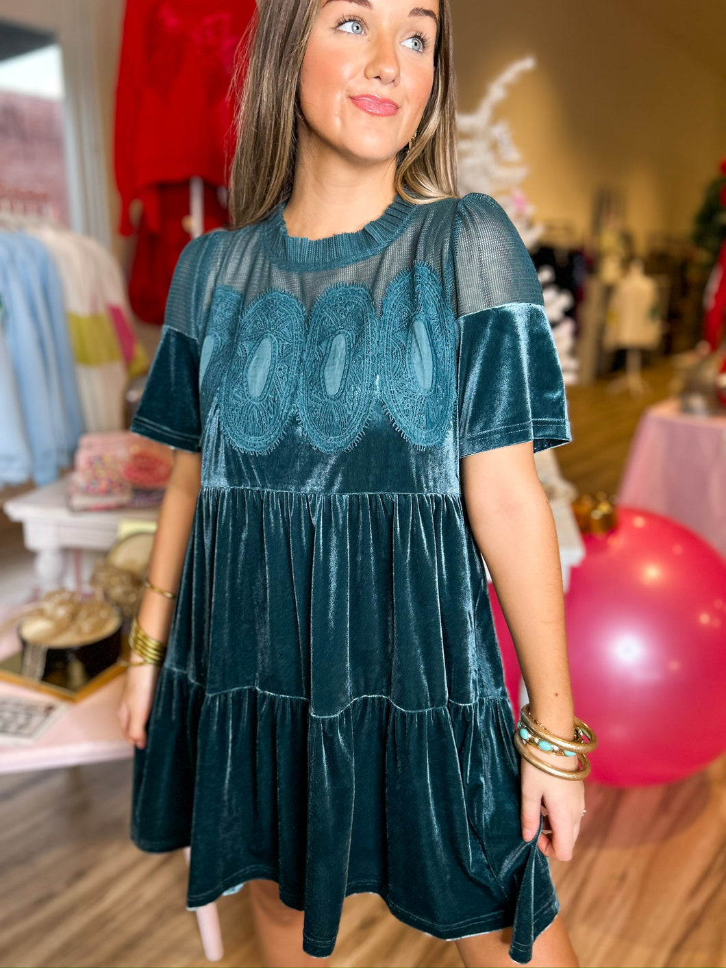 Teal The Show Velvet Dress