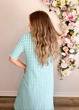 Load image into Gallery viewer, Aqua Seersucker Gingham Dress