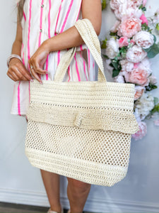 Crochet Straw Ruffle Tote Bag