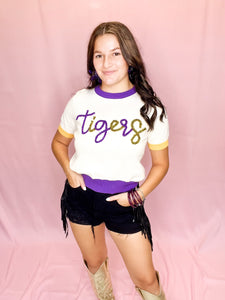 Short Sleeve Glitter Script Tigers Sweater