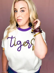 Short Sleeve Glitter Script Tigers Sweater