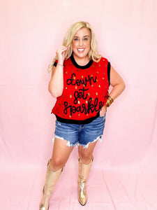 Red & Black Down Set Sparkle Sweater Vest Top