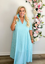 Load image into Gallery viewer, Aqua Seersucker Gingham Dress