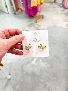 Crystal Ribbon Pearl Gold Earrings