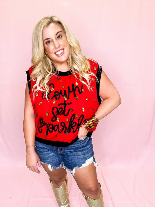 Red & Black Down Set Sparkle Sweater Vest Top