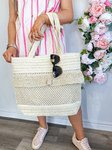 Crochet Straw Ruffle Tote Bag
