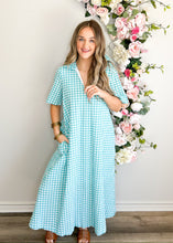 Load image into Gallery viewer, Aqua Seersucker Gingham Dress
