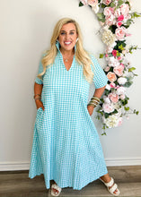 Load image into Gallery viewer, Aqua Seersucker Gingham Dress