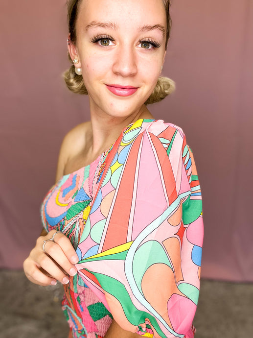 Bright Geo Smock One Shoulder Top
