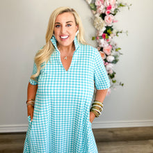 Load image into Gallery viewer, Aqua Seersucker Gingham Dress
