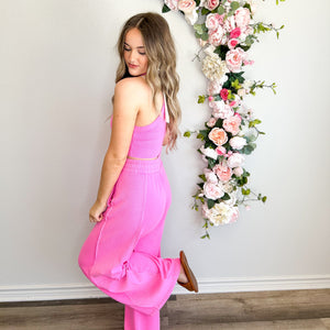 Material Girl Ribbed Crop Top and Pant Set - Pink