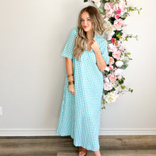 Load image into Gallery viewer, Aqua Seersucker Gingham Dress
