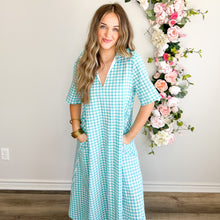 Load image into Gallery viewer, Aqua Seersucker Gingham Dress
