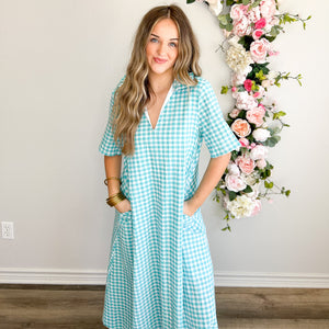 Aqua Seersucker Gingham Dress