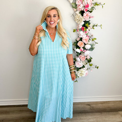 Aqua Seersucker Gingham Dress