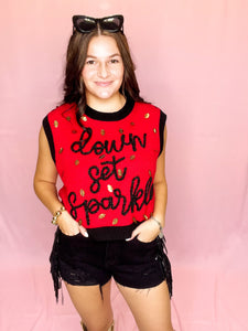 Red & Black Down Set Sparkle Sweater Vest Top