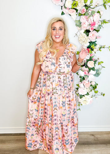 Butterfly vNeck Ruffle Dress