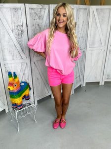 High Rise Cuffed Hot Pink Jean Shorts