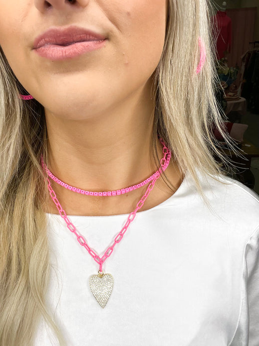 Enamel Crystal Heart Pink Necklace