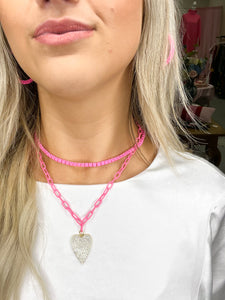 Enamel Crystal Heart Pink Necklace
